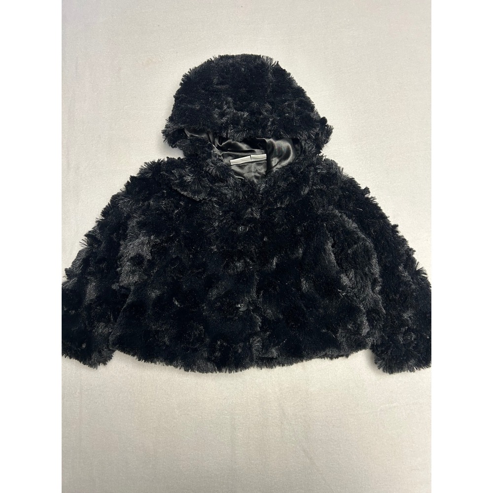 Vintage Kids 2T Black Faux Fur Hooded Jacket‎ with Satin Lining NWT
